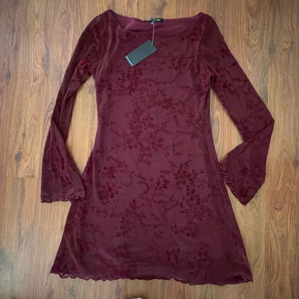 NWT Honey & Sparkle burgundy, velvet burnout, long sleeve mesh overlay dress, lo